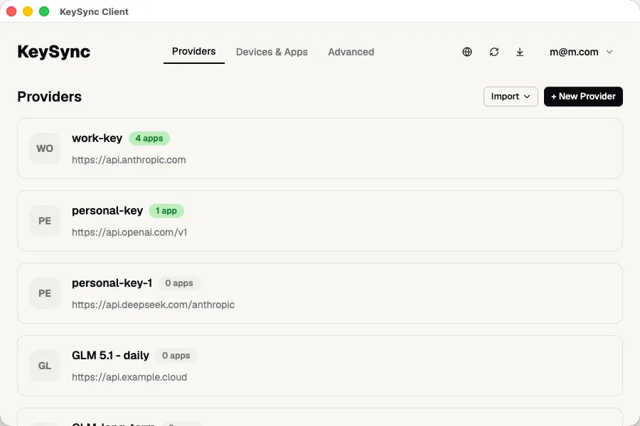 KeySync web console screenshot showing synced provider configuration